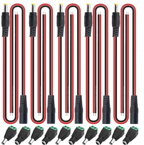 YIXISI 10 Paire 5.5 X 2.1mm DC Connecteur Kit, DC Power Jack Adaptateur Vis Borne Connecteur + DC Pigtail Cable, Connecteur pour la Caméra CCTV, LED ou d'autres dispositifs de DC 12V