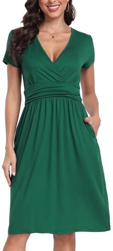 PCEAIIH Women's Summer V-Neck Midi Dress Short Sleeve Casual Floral Sundress with Pockets S Dark Green