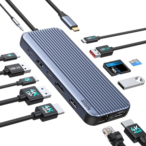 Docking Station USB C Dual HDMI, 13 in 1 Upgrade USB C Video USB C Dock Triple Display con 2 HDMI, 4K DP/USB C (Type-C), 10G USB A/C 3.1, 100W PD, RJ45, SD/TF, audio da 3,5 mm per HP Dell