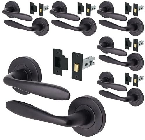 EAI Black Door Handle Latch Set - Pack of 6 | Round Internal Door Handles, Latch (64mm), Hinges (76mm)| Matt Black Lever on Rose