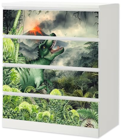 Sunnywall® Möbelfolie passend für IKEA Malm Kommode Schrankfolie Aufkleber mit Dinosaurier T-Rex Motiv | blasenfrei verkleben | Kinderzimmer 4er 80 cm