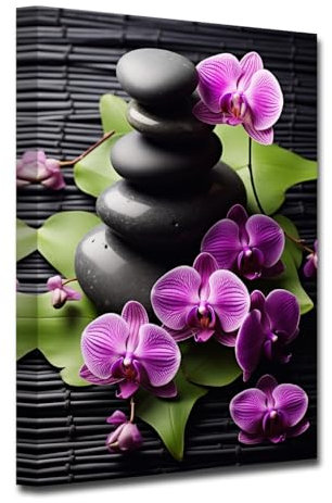 CXHOSTENT Zen Leinwand Wandbilder lila Orchidee Blumen und Stein Kunstdrucke Meditation Yoga Bilder Spa Kunstwerk Badezimmer Wanddekoration (B, 40.00 x 60.00 cms)