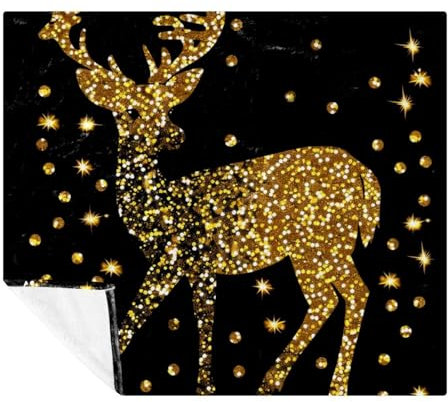 FNETJXF Überwurfdecke für Couch, Bettwäsche, Fleece-Decke, Überwurf, weiche Überwurfdecke, goldener Elch, Weihnachten, weich und flauschig