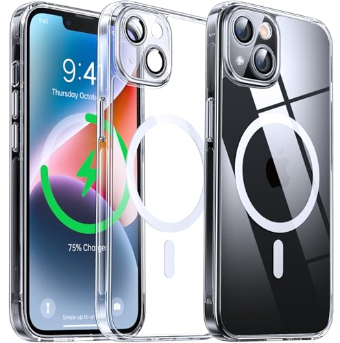 Flyzoo Magnetisch Hybrid Clear Hülle für iPhone 14 - [Kompatibel mit MagSafe] [Eingebaute Kameraschutz Folie] Hart Durchsichtig Handyhülle Stoßfeste Transparente mit Silikon Schutzhülle, 6,1, Clear
