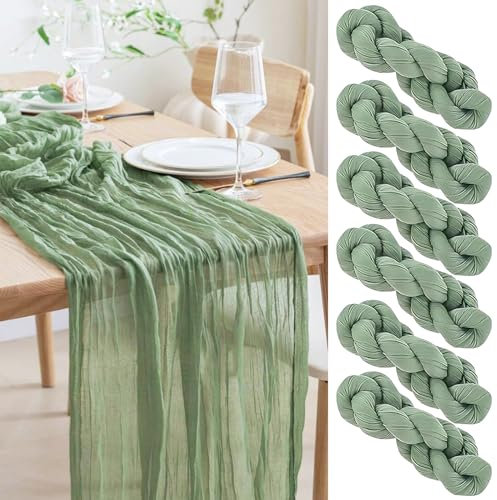Seihtuch Tischläufer Grün, 6 Stück Salbeigrün Käsetuch Grün Boho Käsetuch Tischläufer Rustikaler Durchsichtiger Läufer, Tischdecke für Hochzeit Brautparty Geburtstagsparty, 90 x 300 cm