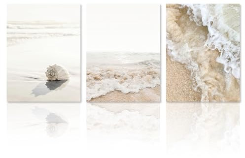 NymphFable Neutrale Strand Wanddekoration Poster Meer Muschel Ozean Welle Prints, Küsten-Wand-Poster für Bad Wohnzimmer Dekor 12x16 in Set von 3 ungerahmt