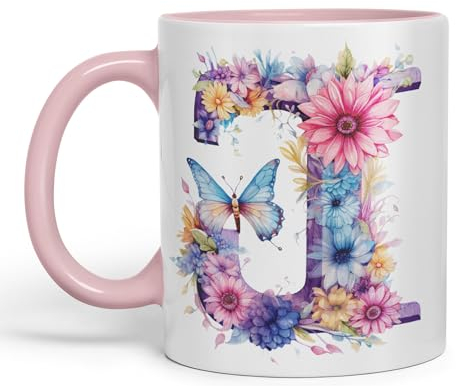 Vixar Letter J Mug, Floral Flowers Butterfly Alphabet Letter J Monogram Watercolour Ceramic Coloured Mug Cup for Tea Coffee Hot Brew 330ml 11Oz Gift (Pink)#