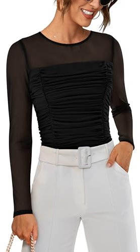 GRACE KARIN Women See Through Sleeves Mesh Tops Crew Neck Long Sleeves Ruched Shirt Top Going Out Black L