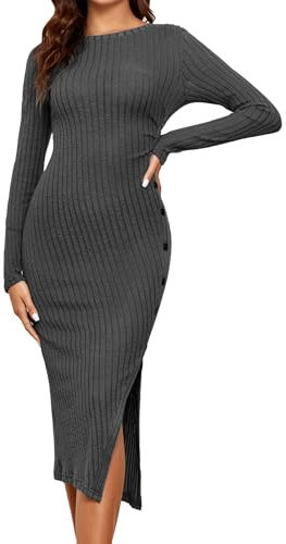 Famulily Women Sweater Shirt Dress Ribbed Long Sleeve Slim Fit Pullover Dresses Winter Warm Long Dress Dark Grey S