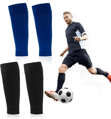 Football Sock Sleeves for Men - 2 Pairs of Sock Sleeve Football for Adults, Pre Cut Football Socks, Footless Football Socks, Fit Perfectly Over Shin Pads (Blue & Black)