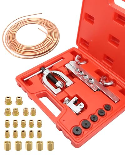RUIZHI Attrezzi Svasatura Tubi Freno, con 7,62m Ø 4,75mm Tubo di Freno, con 16 Connettori + 5 Connettori, con 45° Condizionamento Svasatura Tubi Rame, Taglierina per Tubi di Rame 3-28mm