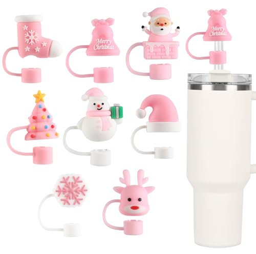 Silicone Straw Cover Cap Compatible with Stanley Cups 30 40 oz Straw Toppers for Tumblers Reusable Dust Proof Straw Cover for 10mm Straw Accessories (8Pcs-Christmas(pink))