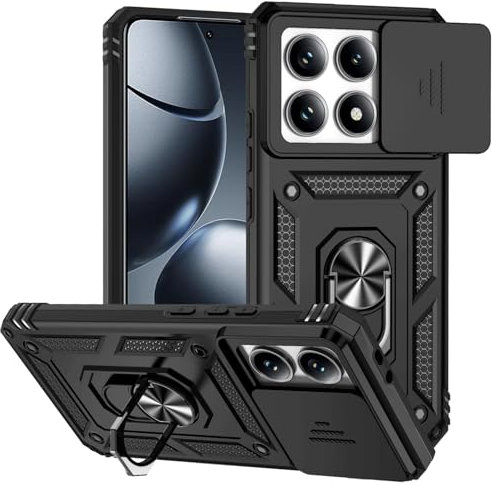 JNERBUYI Hülle Magnet für Xiaomi 14T Pro 5G mit Ring Case, Schutzhülle mit Linsenabdeckung, Handyhülle mit Magnetischer Autohalterung. Schwarz