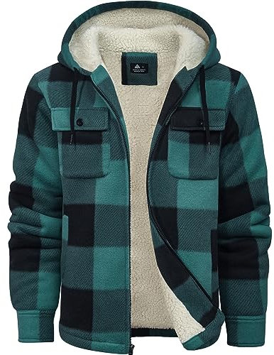 zitysport Hemdjacke Herren Hemd Sherpa Fleece Kariert Gefüttert Kapuzenpullover Fleecefutter Mantel Winter Jacke mit Taschen Flanellhemd Kariertes Männer Sweatjacke mit Kapuze(Grün Kariert,XL)