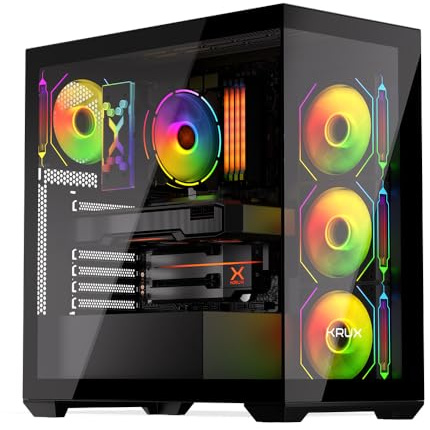 KRUX Exo PC Gehäuse ATX, Temperglas Front & Seite, 4× ARGB 120 mm Lüfter, GPU bis 405 mm, USB C, kompatibel mit Hidden Connector Mainboards