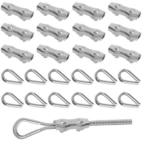 Rybtd Morsetto per Fune Metallica 24 Pezzi Morsetto Duplex M5 e Ditale M5,Morsetti Stendibiancheria Clip per Fune Metallico per Tenda Tenditore Stendibiancheria Fissa,Serracavo per 4 mm Cavo Metallico
