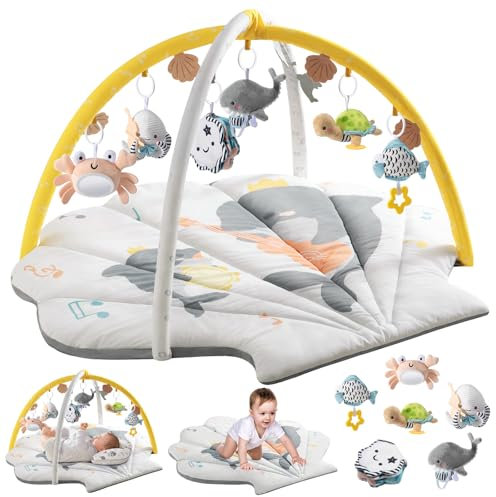 Suihuooo Spielbogen Baby, Ozean Muschel Thema Spieldecke Baby, Baby Gym mit 6 abnehmbare Aktivität Spielzeug, frühe sensorische Entwicklung Baby Play Mat für Kleinkind & Neugeborene (weiß)
