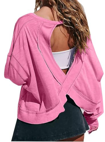 Women's Long Sleeve T Shirts Open Back Workout Crop Tops Casual Lightweight Athletic Gym Yoga Tee Loose Solid Backless T-Shirt Running Top Trendy Sport Tops with Thumb Hole