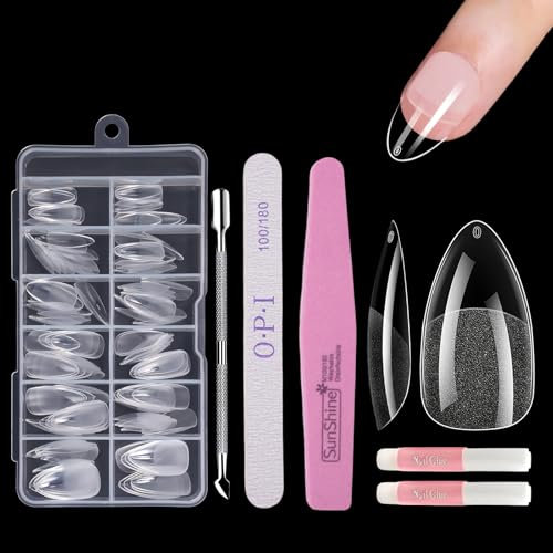 EOAMGO 120 Stück Almond Nagel Tips, Full Cover Soft Nail Tips Set, 10 Größen Tips für Gelnägel mit Kleber Feilen Nagelpuffer Nagelhautschieber, Künstliche Nägel Zum Aufkleben Nail Art DIY