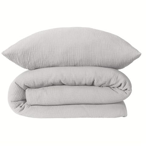 Schiesser Bettwäscheset Molly | 2-teilig | Uni | Musselin | 100% Baumwolle | Oeko-Tex Zertifiziert | Reißverschluss | 135x200cm + 80x80cm | Hellgrau