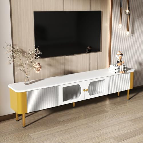 KOMHTOM Meuble TV Moderne avec 2 Portes et 2 Tiroirs, Meuble de Rangement avec Poignées et Pieds de Support dorés, 170x45x50cm (Blanc)