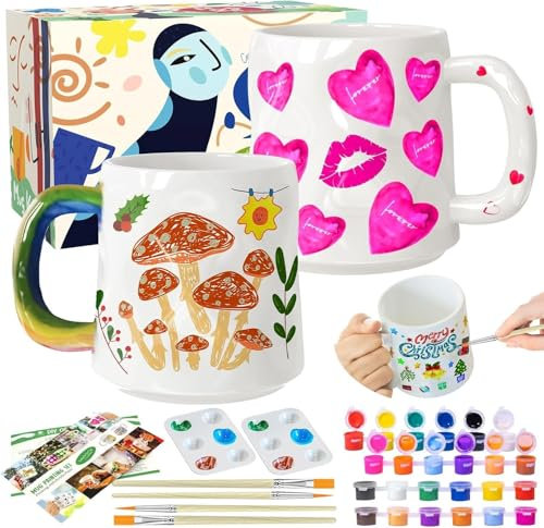 Paint Your Own Mug Set, Pottery Painting Kit for dults & Kids with 2 Mugs, 12 Paints, Brushes & Idea Guide, Personalised Gift for All, Holidays & Creative Fun at Home