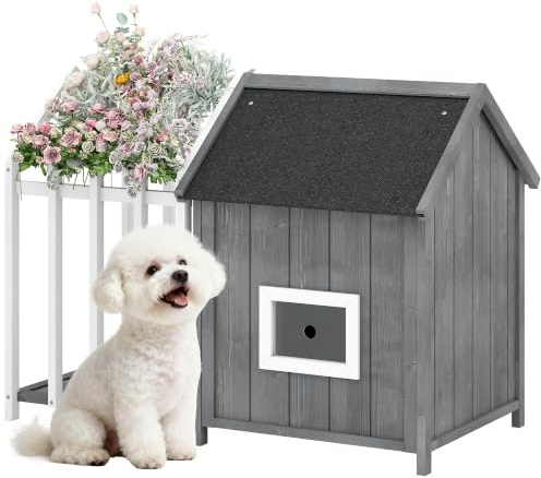 PawHut Außenhundehaus mit Terrasse 106x62,5x80,5cm Grau | Holz, mit Barriere, Außenhundehaus, Lamellentür, Spitzasphaltdach, für Garten, Hof, Veranda, Terrasse