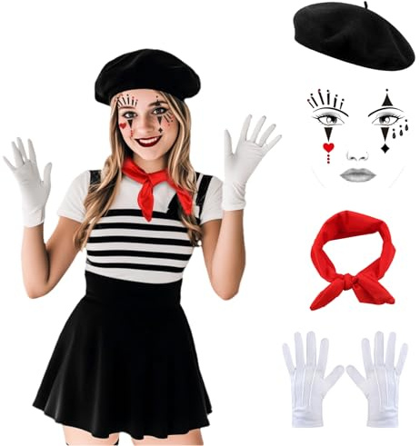 SSKHE Pantomime Costume Women Men Carnival Pantomime Costume Black Beret Hat Red Cloths White Gloves Face Tattoo Women Men Fancy Dress Costumes Carnival Theme Party