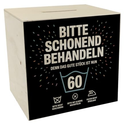 Wäschepflegeetikett Spardose aus Holz Bitte schonend behandeln Wird 60 lustiges Sparschwein für den 60. Geburtstag