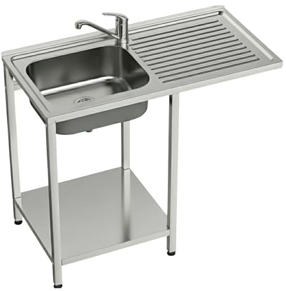 GASFRIT Lavello industriale in acciaio inox con foro per lavastoviglie, 1 seno con scolapiatti, 1000 x 500 x 850 mm, ripiano inferiore e gambe regolabili per alberghi (sinistra, rubinetto monocomando