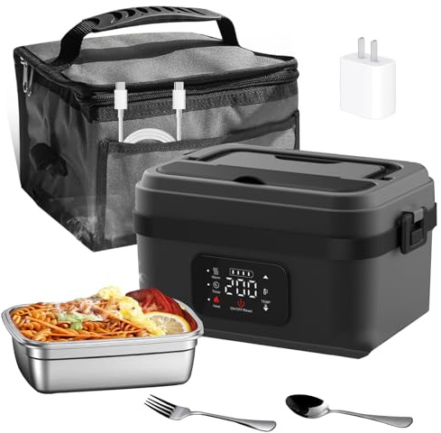 Cordless Electric Lunch Box, 1L Battery Powered Heated Lunch Box with Stainless Steel Container, Touch Screen & Adjustable Temperature, Portable Rechargeable Food Warmer for Work School Travel (Black)