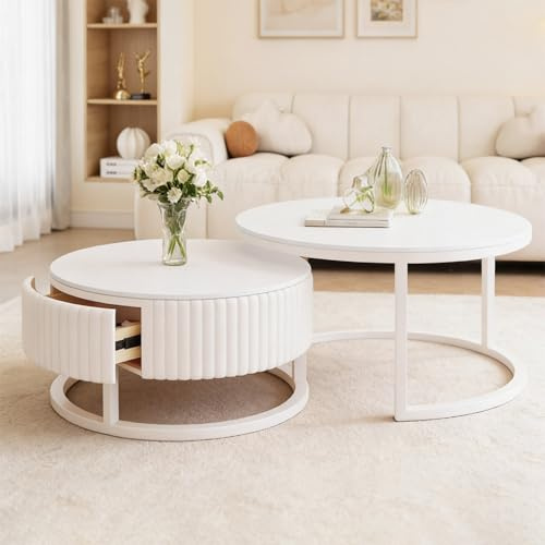 SeraphicCharm Modern Couchtisch Rund Weiß Wohnzimmertisch Mit Stauraum Runder Couchtisch Weiss Mit Schublade Holz Wohnzimmer Tisch Für Couch Tisch Wohnzimmer Couchtische 2er Set Einfach Zu Montieren