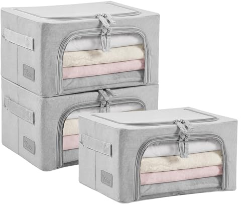 Periea Beau 3 Pack Storage Boxes 11L (30x23.5x16cm) – Collapsible Stackable Fabric Organisers Storage Bags with Steel Frame, Front Window & Top/Front Zip Access – (Grey)
