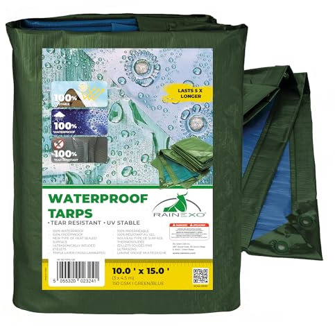 Rainexo wasserdichte Planen, 3 x 4,6 m, 10 mm dick, grün, strapazierfähig, reißfest, recycelbar, UV-beständig, Mehrzweck-Plane für Outdoor, Camping, Möbel, Garten, Notunterkunft