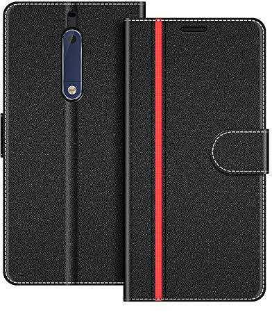 COODIO Coque en Cuir pour Nokia 5, Étui Housse Pochette Fonction Stand pour Nokia 5, Noir/Rouge