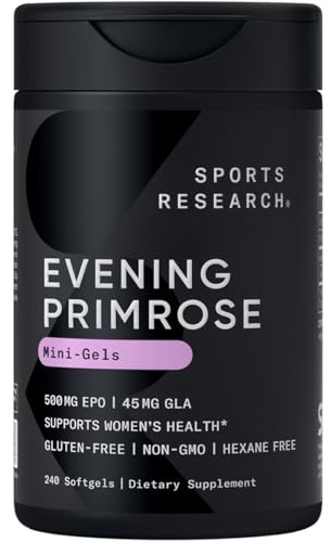 Sports Research Evening Primrose Oil (500mg) Cold-Pressed with No fillers or Artificial Ingredients, Non-GMO Tested - Gluten & Soy Free (240 Liquid Softgels)