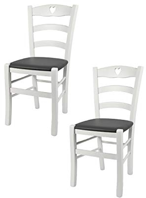t m c s Tommychairs - 2er Set Stühle Cuore für Küche und Esszimmer, Robuste Struktur aus Buchenholz, deckend Weiss lackiert und gepolsterte Sitzfläche mit Kunstleder in der Farbe Dunkelgrau bezogen