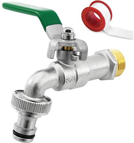 SHYNE Grifo de Calidad de Latón de 3/4 '' Pulgada - Resistente al Óxido y las Heladas + 1 Conexión de Manguera + E-Book | Para Jardín, Lavadora, Barril de lluvia (2 Piezas)