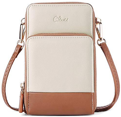CLUCI Handy Umhängetasche Damen PU Leder Retro Portemonnaie Kleine Geldbörse Damen Schultertasche mit Kartenfächer Beige mit Braun