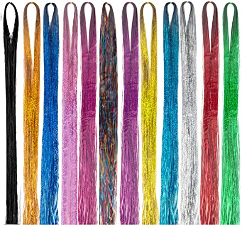 12 Farben Haar Lametta, 1200 Strands Lametta Haarverlängerungen, Hitzebeständig Haarlametta Extension, Glänz Haarsträhnen für Mädchen Frauen Party Musik Festivals Weihnachten, 120 cm