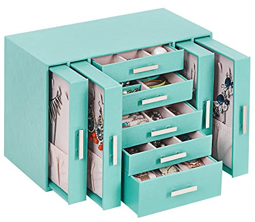 ANWBROAD Huge Jewelry Box Jewelry Organizer Case 5 Tier 40 Necklaces Hooks Display Storage Holder with Lock Mirror Girls Jewelry Box Earrings Rings Bracelets Earrings Gift Cyan Faux Leather JJB017Q