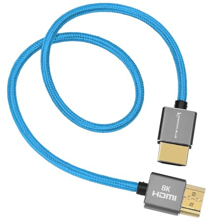 KONDOR BLUE 8K HDMI to HDMI Thin Short Straight Braided Cable for On-Camera Monitors, Capture Cards + More | 8K/60hz 4K/120hz | 48Gbps 3D HDR MetaData | 17 Inch | Blue