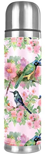 Thermoskanne mit rosa Blumen, Blumen und Vögeln, vakuumisoliert, kompakt, Edelstahl, Kaffee-/Reisebecher, 500 ml