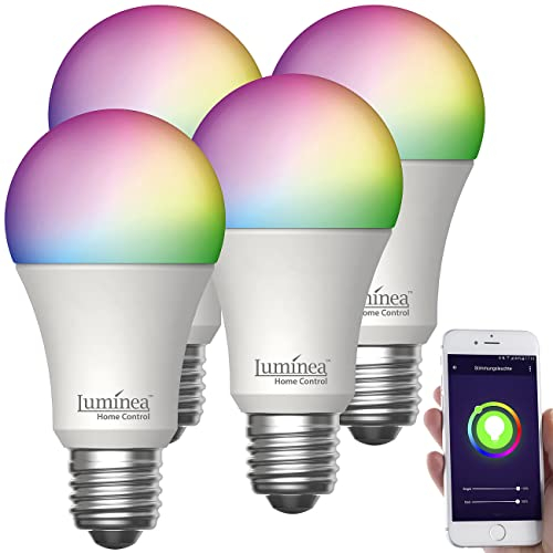 Luminea Home Control E27-RGBW-LED-Lampen: 4er-Set WLAN-LED-Lampen, E27, RGB-CCT, 14W(ersetzt 150W), 1.520lm, App (Smarte WLAN-Glühbirne, Leuchtmittel, Stimmungslicht)