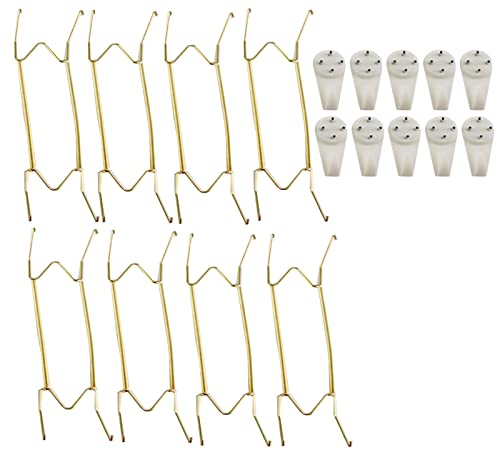 8 Stück Telleraufhänger Unsichtbare Plattenaufhänger, Telleraufhänger für Wände, 10 Zoll Golden W-Typ Telleraufhänger mit 10 Wandhaken, für Antikes China, Antike Teller und Kunst