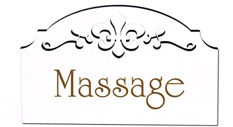 DEKO-LANDO Massage Schild Holz Türschild graviert Ornamente selbstklebend Massagesalon Vintage Türdeko 15,5 x 9,5 cm, Weiß