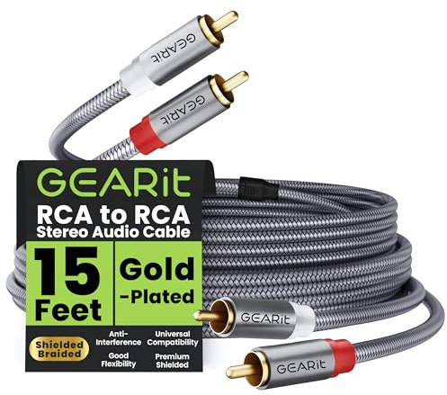 GEARit RCA Cables 15 ft, 2 RCA to 2 RCA Cable Braided Shielded RCA Audio Cable with Gold-Plated Plugs for Car Audio, Subwoofer Cable, Hi-Fi System, Amplifier, Active Speakers & Gaming Consoles
