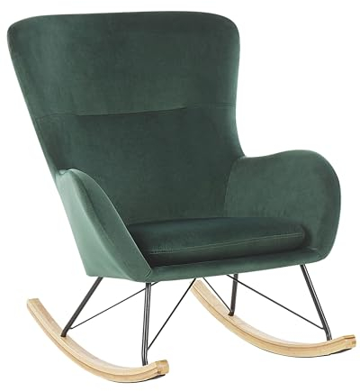 Beliani Glam Traditional Rocking Chair Velvet Fabric Wooden Rockers Dark Green Ellan