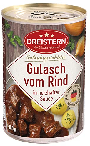 DREISTERN Rindergulasch 400g I Mit pikanter Sauce I Herzhaftes Fertiggericht in recyclebarer Konservendose I Lange Haltbarkeit dank natürlicher Konservierung I Hausmacher Qualität