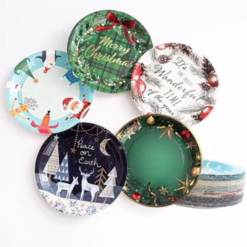 50pcs Disposable Christmas Party Paper Plates in 5 Assorted Designs Paper Tableware 9inch, Oil and Water Resistant Microwaveable Freezer Safe, Recyclable and Biodegradable